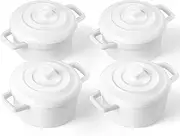 Lareina Mini Cocotte - 12oz Ceramic Casserole Dishes - Kitchen Casserole Sets With Handles And Lid - Small Baking Ramekins - Oven, Microwave & Dishwasher Safe - Set of 4 - White