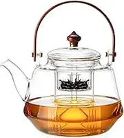 DOPUDO SUNDIAL Glass Teapot, Stove Top Safe, Borosilicate Glass Kettle with Removable Infuser, Heat Resistant Wood Handle for Blooming Flower Tea- 1250ml/ 42oz