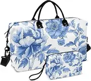 [ZRYSMY] Duffel Bag for Traveling, Blue White Florals Travel Bag Gym Bag, with Multiple Interior Pockets Shoulder Weekender Bag for Women Men with Toiletry Bag 20.5L x 1.9W x 13.8H, Multi-Colored, one
