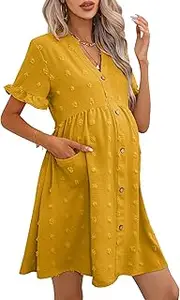 KOJOOIN Maternity Swiss Dot Dress Summer V Neck Short Sleeve Button Down Mini Dress Baby Shower Photoshoot with Pockets