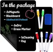 Kikerike Magnetic Dry Erase Black Board for Fridge, 12 x 8 Inches & 17 x 11 Inches with a Set of 6 Magnetic Markers a Rag, Small Magnet Chalkboard Refrigerator Door for Daily Notes & Shopping List