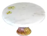 Cake Stand, Single Tier White Marble w/Wood Pedestal & Iridescent Yellow Flowers