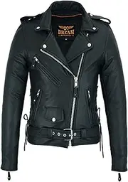 [Dream Apparel] Women’s Classic Leather Motorcycle Jacket with Zip Out Lining, Biker Jacket for Ladies with Side Laces, Black
