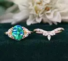 Oval Peacock Opal 925 Silver Gold Plated Engagement Ring Set Wedding Set Ring