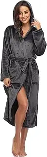 [season dressing] Women Hooded Fleece Robe Long Soft Plush Bathrobe Full Length House Coat Winter Spa Sleepwear with Pockets