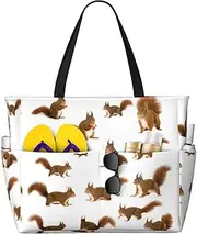 [Ghjkfbf] Cute Squirrel Print Large Capacity Beach Travel Bag For Family, Beach Tote Bag For Women With Zipper Pockets, Black, One Size