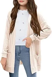 [XuBa] Girl's Cardigan Light Weight with Pockets Long Sleeve Knitted Open Front Soft Cardigans