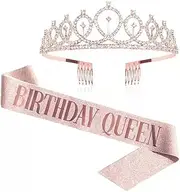 [HUATEEN] Birthday Queue Crown and Sash,Birthday Tiara Champagne Colour Sash Rhinestone Crown and Glitter Birthday Sash Crown Headband for Happy Girl's Birthday Party