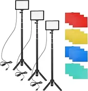 3 Pack USB LED Video Light Kit Photography 3200K-5500K 120pcs Beads 14-Level Dimmable with 148cm/58in Adjustable Height Tripod Stand 5pcs White/Red/Yellow/Green/Blue Filters