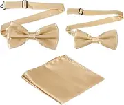 [uxcell] Bow Tie for Men, Adjustable Bow Ties with Pocket Square Solid Color Triple Fold Pre-tied Bow Ties Sets for Wedding, Parties, Dinner, and Business (Champagne Gold, 2Size)