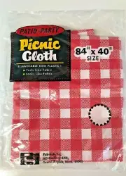 VTG Red Checkered Plastic Outdoor Tablecloth Patio-Party Picnic Cloth 84" x 40"