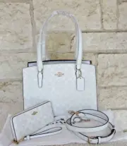 Coach Tatum Carryall Tote Crossbody & Wallet SET Signature Glacier White Dustbag