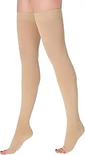 OVISSA Medical Ultra Stretchy Compression Beige Stockings Open Toe Thigh For Women & Men Breathable Sweat-Absorbent Material For Varicose Veins, Edema, Air travel, Nursing, Running (20-30mmHg)