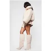 Cream Borg Point Toe High Stiletto Knee High Boots, Cream