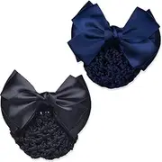Snood Hair Net Bun Cover for Women with Bowknot Decor, Non-slip Hairnet Clips, Stain Bow Barrettes, Hairpins (Navy Blue + Black)