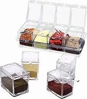 QuZCarious 4 clear seasoning boxes, spice jars, seasoning containers with lids for storing salt, sugar, and pepper, kitchen storage containers with spoons, lids, and trays (transparent)