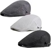 [ALL IN ONE CART] Men's Breathable Mesh Summer Hat Flat Cap Beret Ivy Gatsby Newsboy Cabbie Caps, C-black/White/Grey, One Size