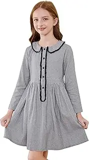 [SOLOCOTE] Girls Plaid Dress Cotton Casual Spring Long Sleeve Dresses Peter Pan Collar 3-14Y