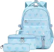 [ZHANAO] Girls Backpack Set Heart-print Kids School Bookbag for Teen Girls Cute Lightweight Schoolbag Set with Lunch Box, Blue