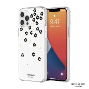 【KATE SPADE】iPhone 12 Pro Max 6.7吋 Scattered Flowers 黑白小花 金色鑲鑽透明殼(iPhone 保護殼)