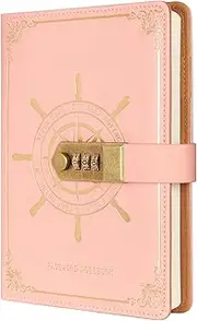 Shesyuki for Literary Vintage Locking Leather Notebook with Beautiful Round Rudder Pattern Compass, A5 Notebook for Men and Women - Pink