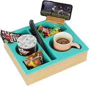 Couch Cup Holder Tray, Handy Silicone Bamboo Couch Caddy with Rotatable Phone Holder for Bed Car Seat Organizer, Waterproof Anti-Spill Couch Drink Holder for Snacks Beverage Remote (Green)