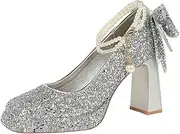 [YGJKLIS] Women's 9CM Beads Ankle Strap Platform Chunky Heels Sandals Square Toe Sparkly Pump Party High Heel, Silvery, 6.5 Narrow