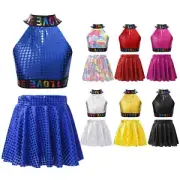 Girls Sequin Hip Hop Jazz Modern Dancing Outfits Crop Top with Skirt Set Costume