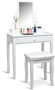 Costway Dressing Table with Mirror & Stool, Makeup Vanity Table Set w/10 Adjustable Light Bulbs & 3 Drawers, Modern Wooden Makeup Desk for Bedroom, Dressing Room, Dormitory, White