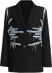 [Zadaos] Womens Blazers Denim Vintage Single-Breasted Tassel Patchwork Contrast Color Suit Jackets Black XL(12)