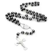 St Benedict Rosary Beads Necklace with Cross Pendant in Black & Silver
