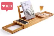 Unique Bamboo Bathtub Tray with Extending Arms | Wooden Bath Caddy Organizer