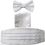 Brand New Paisley WHITE Men's Cummerbund And Bow tie & Pocket Square Hanky Set