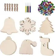 KONTONTY DIY Wood Chip Decoration Set 114 Pieces Christmas Tree Ornaments Snowflake Pendant Ornament Wooden Deer Embellishments Uncolored Wooden Pendants for Boys and Girls Random Color