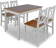 'vidaXL 5-Piece Dining Set in Brown and White - Traditional & Modern Style - Solid Pine Wood Table & Chairs