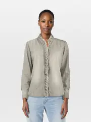 Grey Ruffle Trim Denim Blouse