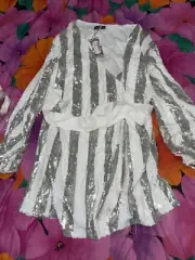Boohoo Tall Stripe Sequin Wrap Belted Mini Dress 14 Freepost K101