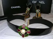 NWT Monte Carlo 2007 Jewelry Collection CHANEL Gripoix BELT Blk Patent Gld Chain