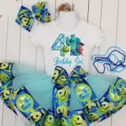 Girls MONSTERS INC 3 Piece Birthday Ribbon Tutu Outfit Tutu Shirt Bow Mike Sully