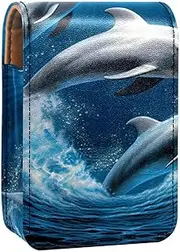 Travel Lipstick Organizer Case,Lipstick Case Portable Makeup Bag with Mirror,Full Moon Ocean Dolphins