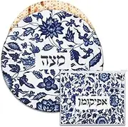 Mindsoft Passover Seder Afikoman Bag Set Embroidered Matzo Holder Matzah Cover with 3 Layers Compartment Table Decoration (Round, Square,Flower)