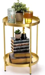 2 Tier Gold Side Table, Metal round End Tables with Removable Tray, Sturdy Indoo