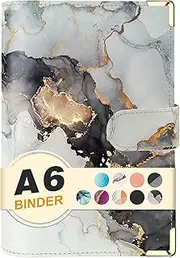 A6 Refillable 6 Ring Leather Budget Binder,Mini Notebook Binder Cover for A6 Filler Paper,Loose Leaf Personal Planner Binder Cover with Magnetic Buckle Closure (Marble White)