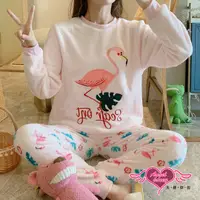 在飛比找PChome24h購物優惠-保暖睡衣 粉紅小鶴 法蘭絨睡衣 居家保暖兩件式成套睡衣 (粉