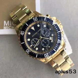 outlet MICHAEL KORS手錶 MK8267水鬼系列三眼計時金色不銹鋼錶帶腕錶/男錶/藍+金/45mm