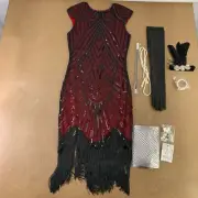 Women's Small Black Red Sequin Fringe Flapper Dress & Accessory Set 9 Pieces NWT