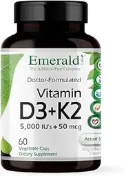 Emerald Labs Vitamin D3 and K2 5,000 IU's - Supports Healthy Heart, Bone, Teeth and Immune Health - 60 Vegetable Capsules