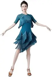 [JRUIA] Women's Fringe Latin Dance Dresses Cha Cha Tango Performance Costumes Ballroom Dancing Outfit Skirt for Rumba Samba