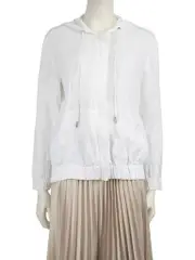 White Drawstring Hood Zipped Jacket