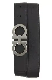 SALVATORE FERRAGAMO Double Gancio Reversible Leather Belt 34 HICKORY BROWN BLACK